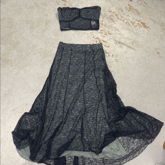Free People Teal Lined Lace A-Line Skirt Set Maxi Size Medium Like New Crop Top - Picture 1 of 8